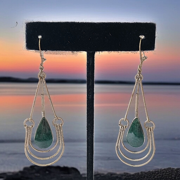 Malachite Green Stone Wire Design Earrings Teardrop Dangle Dainty Bohemian Gypsy - Picture 12 of 16